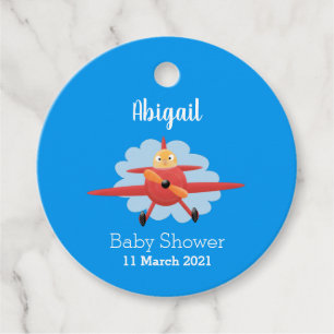 Cute bird flying red aeroplane cartoon illustratio favour tags