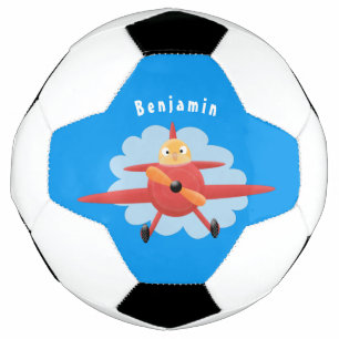 Cute bird flying red aeroplane cartoon illustratio football