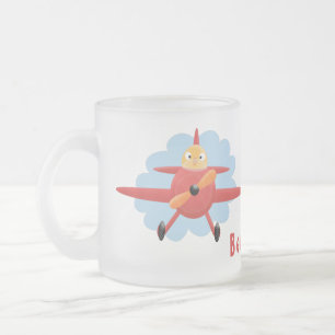 Cute bird flying red aeroplane cartoon illustratio frosted glass coffee mug