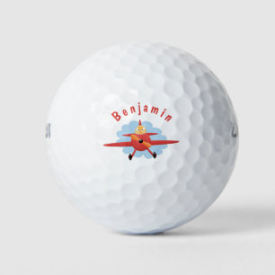 Cute bird flying red aeroplane cartoon illustratio golf balls