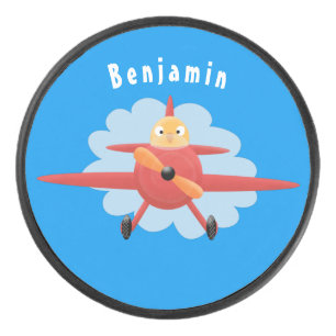 Cute bird flying red aeroplane cartoon illustratio hockey puck