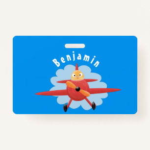 Cute bird flying red aeroplane cartoon illustratio ID badge