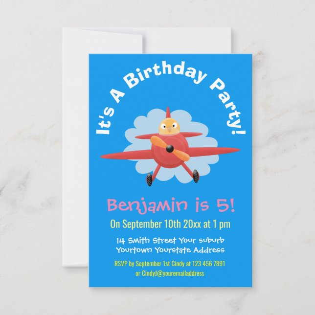 Cute bird flying red aeroplane cartoon illustratio invitation (Front)
