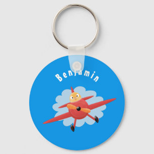 Cute bird flying red aeroplane cartoon illustratio key ring