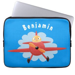 Cute bird flying red aeroplane cartoon illustratio laptop sleeve