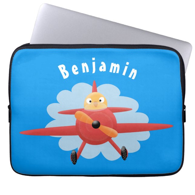 Cute bird flying red aeroplane cartoon illustratio laptop sleeve (Front)