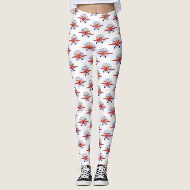 Cute bird flying red aeroplane cartoon illustratio leggings (Front)