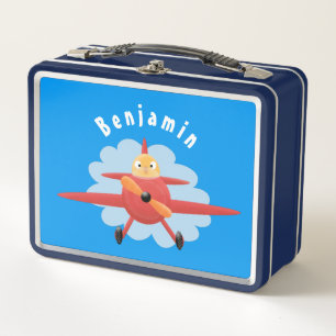 Cute bird flying red aeroplane cartoon illustratio metal lunch box