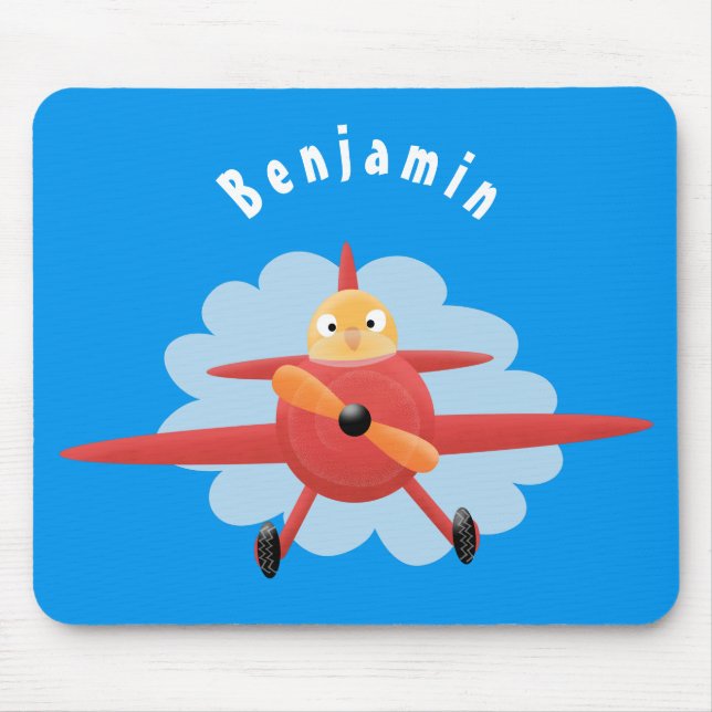 Cute bird flying red aeroplane cartoon illustratio mouse mat (Front)