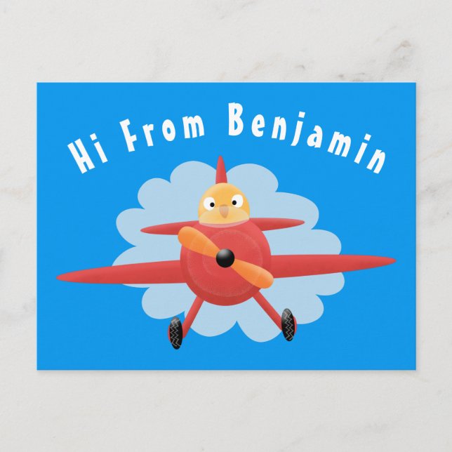 Cute bird flying red aeroplane cartoon illustratio postcard (Front)