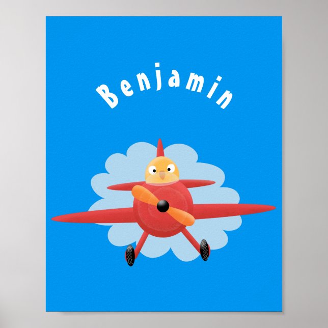 Cute bird flying red aeroplane cartoon illustratio poster (Front)