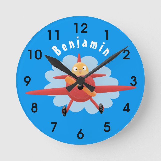 Cute bird flying red aeroplane cartoon illustratio round clock (Front)