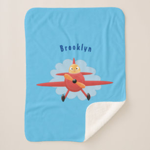 Cute bird flying red aeroplane cartoon illustratio sherpa blanket