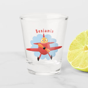 Cute bird flying red aeroplane cartoon illustratio shot glass