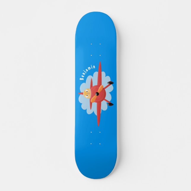 Cute bird flying red aeroplane cartoon illustratio skateboard (Front)