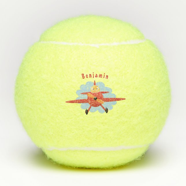Cute bird flying red aeroplane cartoon illustratio tennis balls (Front)
