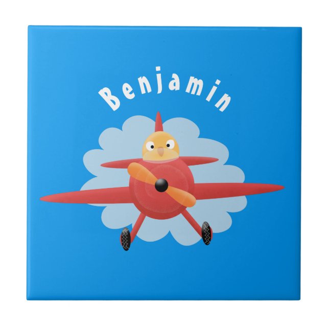 Cute bird flying red aeroplane cartoon illustratio tile (Front)