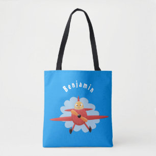 Cute bird flying red aeroplane cartoon illustratio tote bag