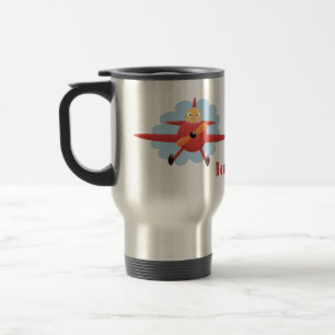 Cute bird flying red aeroplane cartoon illustratio travel mug