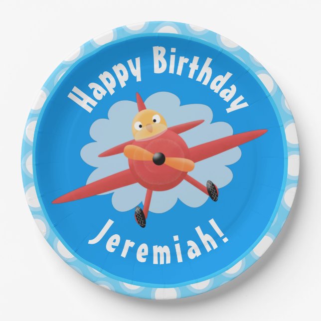Cute bird flying red aeroplane cartoon personalise paper plate (Front)