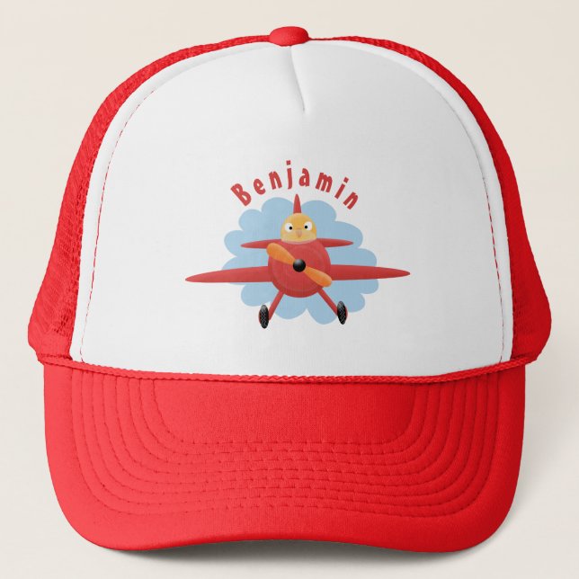 Cute bird flying red airplane cartoon illustration trucker hat (Front)
