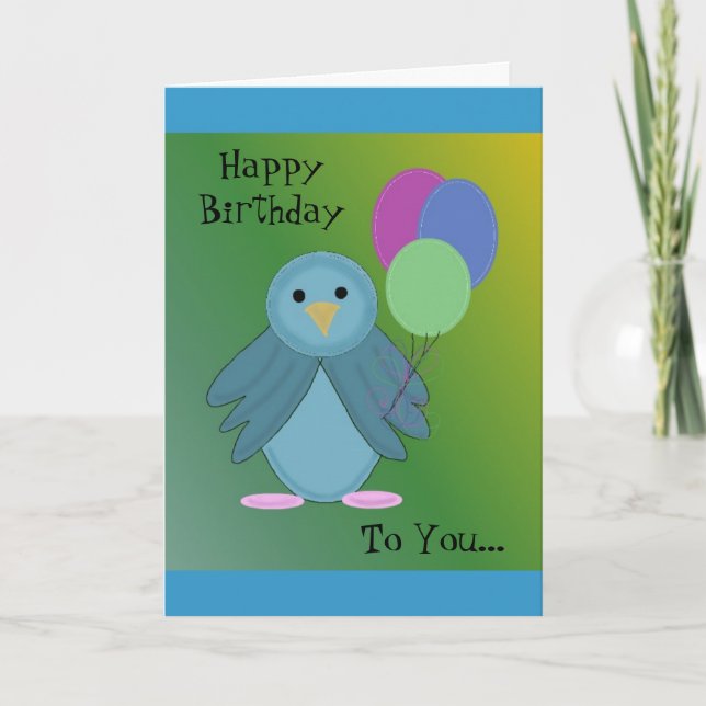 Cute Bird Holding Balloons Card (Front)