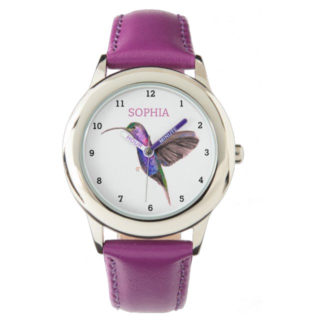 Cute Bird Hummingbird Floral Girly Kids Purple Watch (Front)