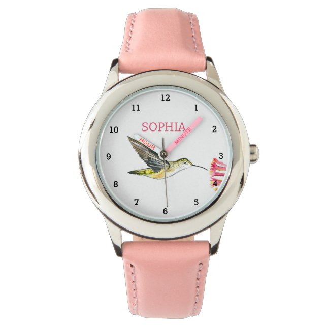 Cute Bird Hummingbird Floral Girly Kids Watch (Front)