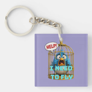Cute Bird in a Cage Freedom & Animal Key Ring