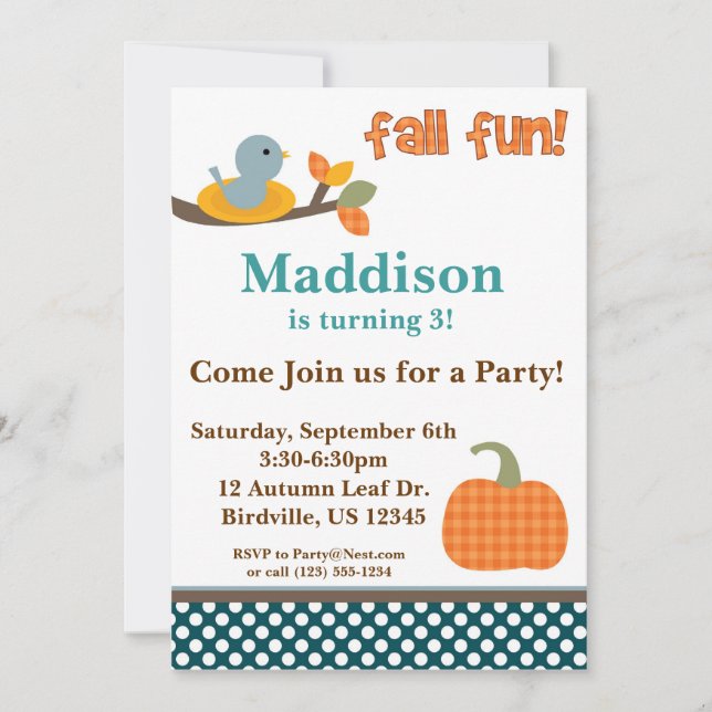 Cute Bird in a Nest Fall Birthday Party Invitation (Front)
