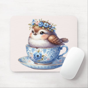 Cute Bird in Floral Teacup Cottagecore Art Mouse Mat