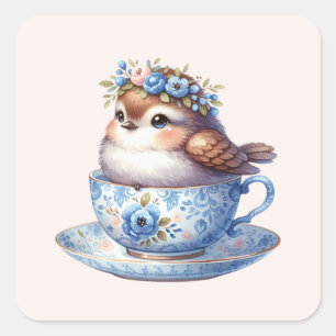 Cute Bird in Floral Teacup Cottagecore Art Square Sticker