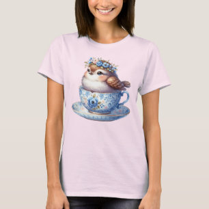 Cute Bird in Floral Teacup Cottagecore Art T-Shirt