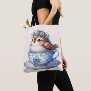 Cute Bird in Floral Teacup Cottagecore Art Tote Bag