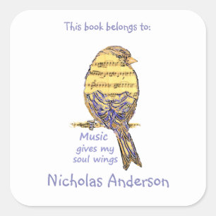 Cute Bird Music give Wings Quote Bookplate Square Sticker