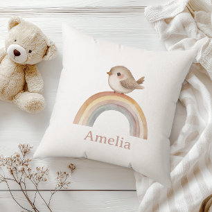 Cute Bird On A Boho Rainbow With Baby Name Nursery Cushion