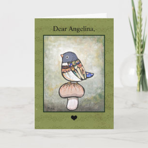 Cute Bird On Mushroom Custom Name Text Birthday Card