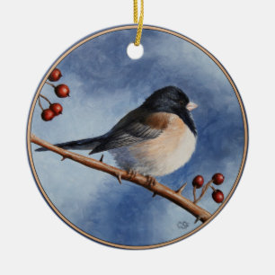 Cute Bird Oregon Junco and Winter Berries Ceramic Tree Decoration