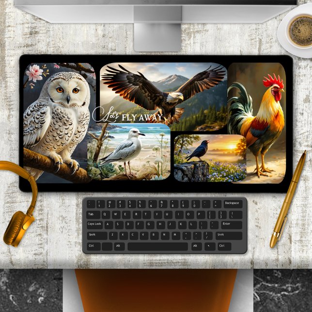 Cute Bird Photo Collage Wildlife  Desk Mat (Desk mat featuring a variety of different paintings of birds)