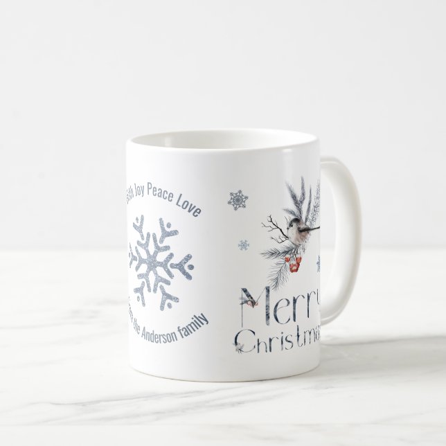 Cute Bird Pine Branch Red Berries Merry Christmas Coffee Mug (Front Right)