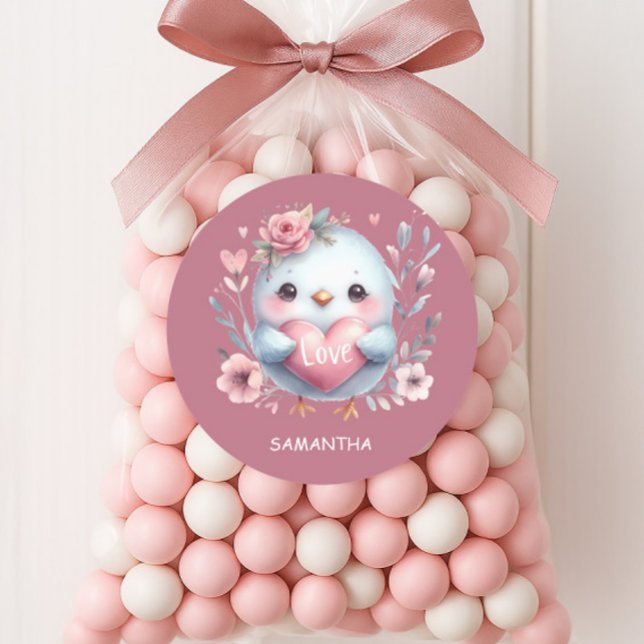 Cute Bird Pink Heart Love Happy Valentines Day Classic Round Sticker (Cute bird Valentine's Day sticker)