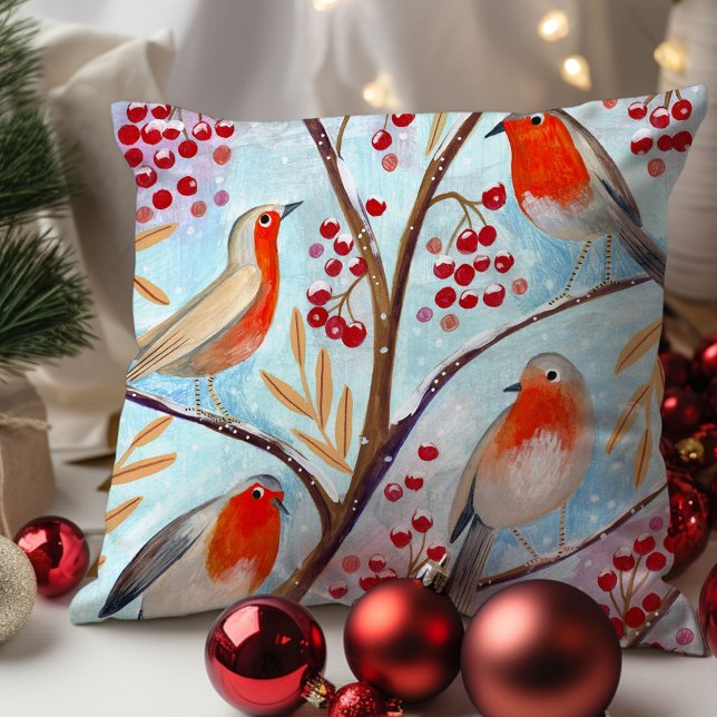 Cute Bird Red Robin Blue Christmas Family Cushion (Cute Bird Red Robin Blue Christmas Family Throw Pillow)