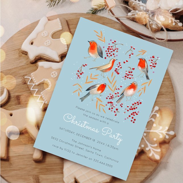 Cute Bird Red Robin Blue Christmas Family Party Invitation (Cute Bird Red Robin Blue Christmas Family Party Invitation)
