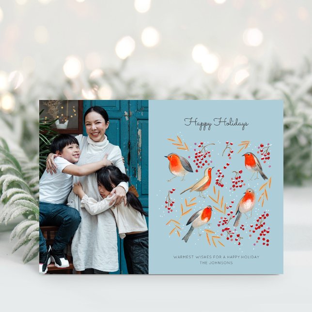 Cute Bird Red Robin Blue Christmas Family Photo Holiday Card (Cute Bird Red Robin Blue Christmas Family Photo Holiday Card)