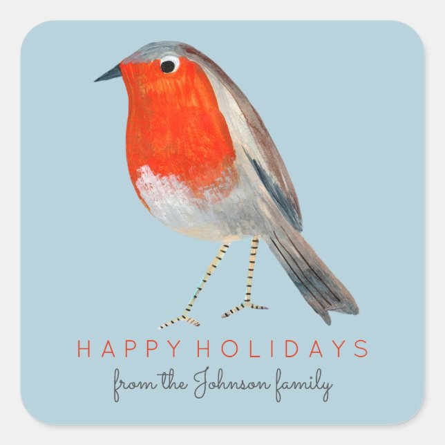 Cute Bird Red Robin Blue Christmas  Square Sticker (Front)