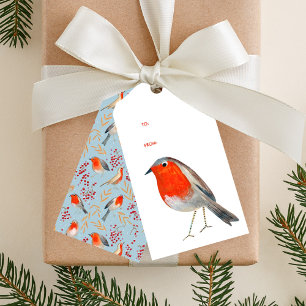 Cute bird red robin blue pattern Christmas holiday Gift Tags