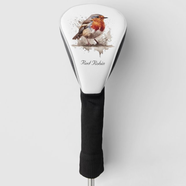 Cute bird red robin in watercolor golf head cover (Front)