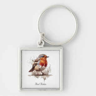 Cute bird red robin in watercolor key ring