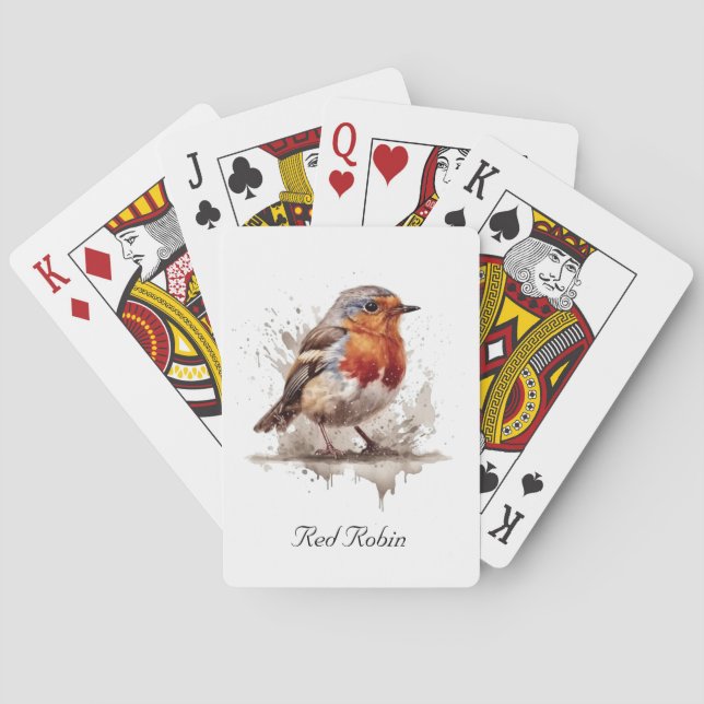 Cute bird red robin in watercolor playing cards (Back)