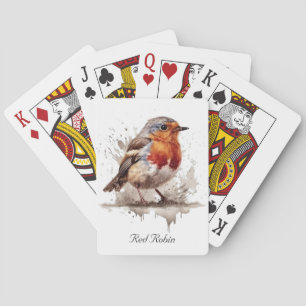 Cute bird red robin in watercolor playing cards